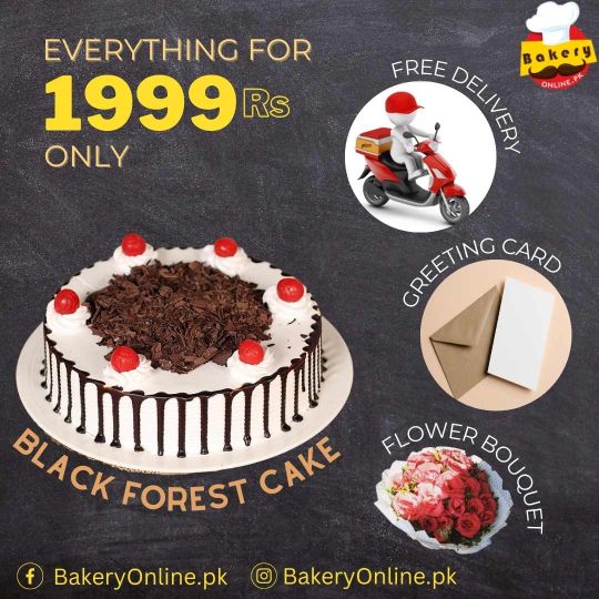 1999 Rs DEAL - Black forest cake 3, flower bouquet, card, free delivery